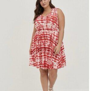 Torrid Red & White Tie-Dye Sleeveless Smocked Waist Mini Dress Size 2X